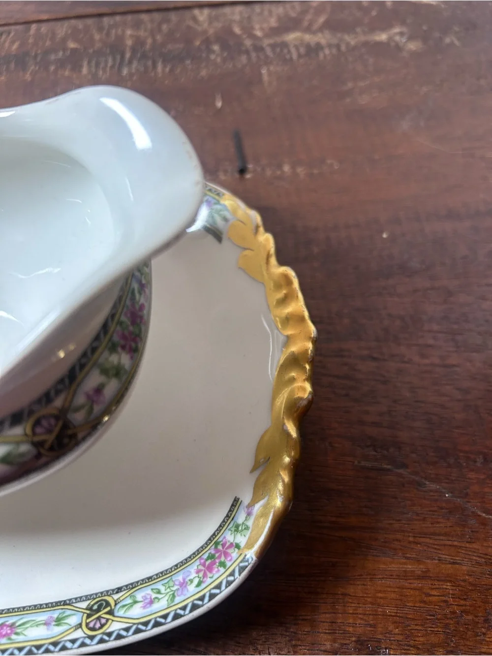 Rare J POUTAT LIMOGE White Porcelain Gravy Boat with Pink Floral Band